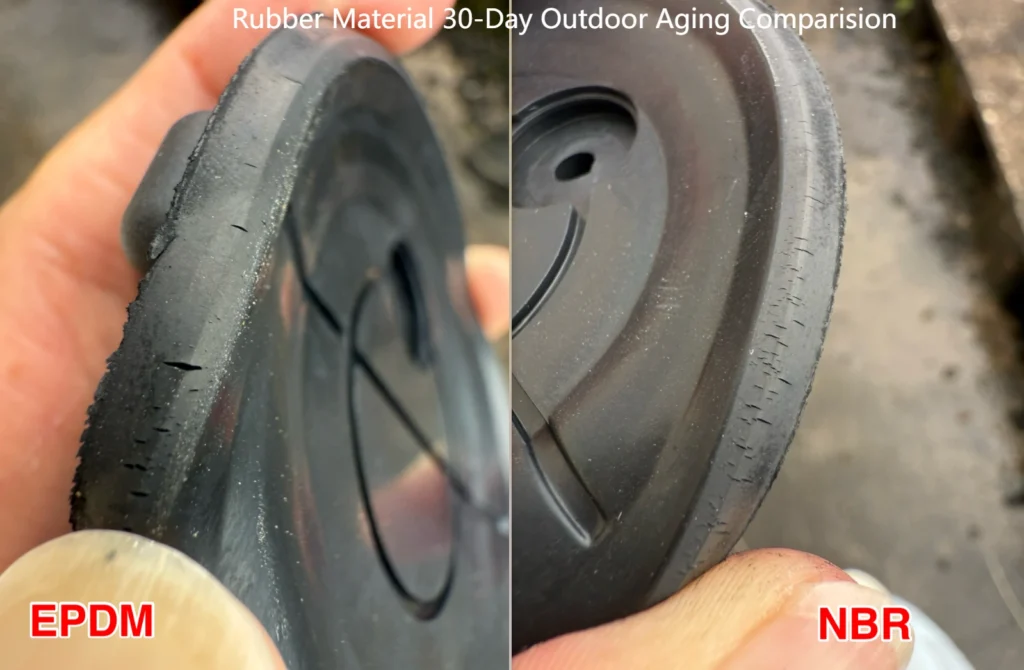 Side-by-side comparison photos showing the outdoor aging of suction cup rubber discs. On the left, a low-grade EPDM alternative develops spider-web cracks after 30 days. On the right, an inferior NBR disk shows similar degradation.